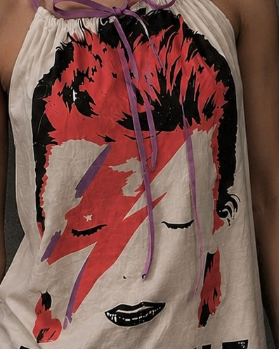 Upcycled Bowie Halter Top: Reworked Graphic Tee, Sustainable Fashion (Size M)