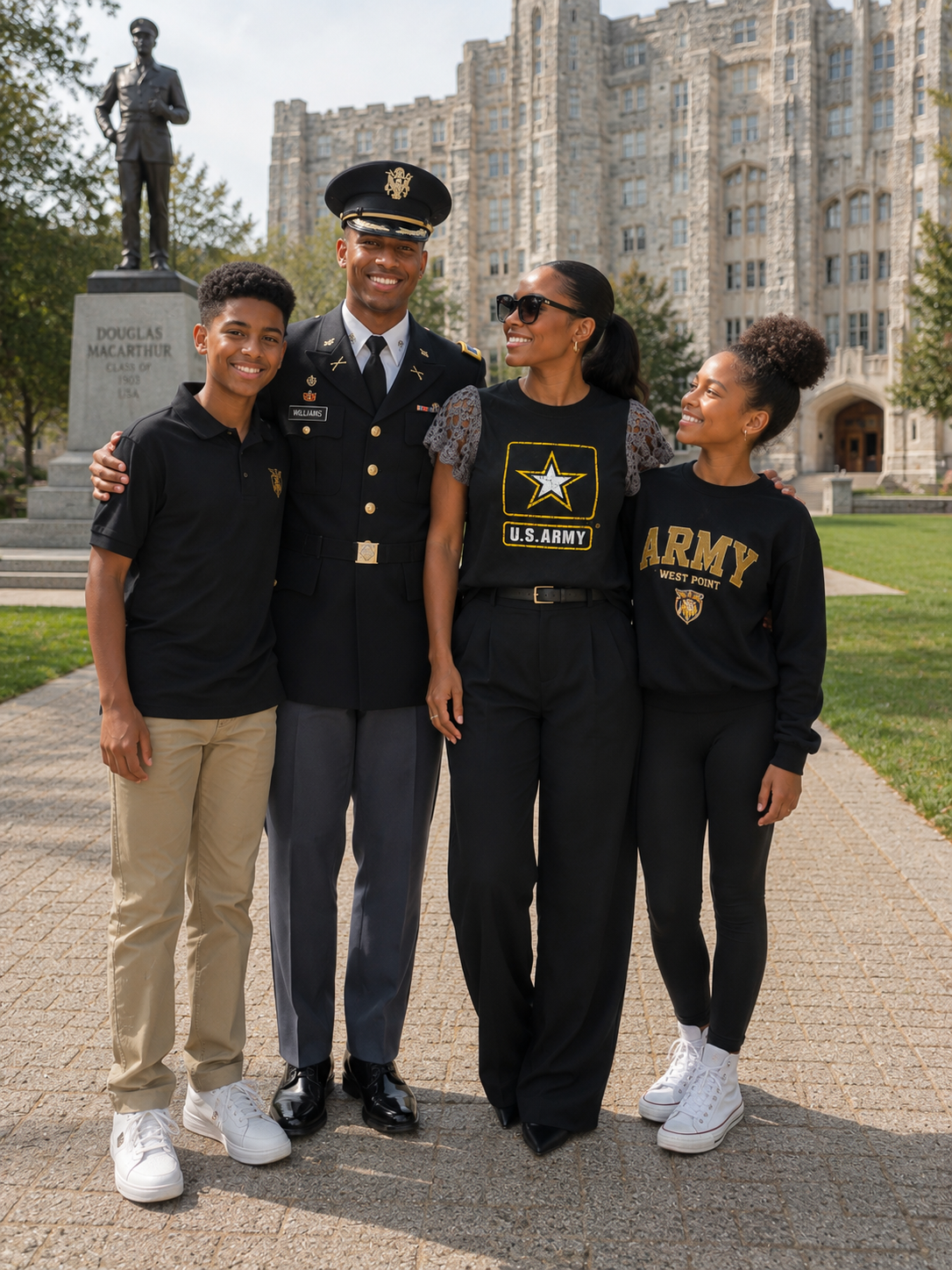 Woman posing with her family wearing a black U.S. Navy tee reimagined with feminine grey hand-crocheted cap sleeves.