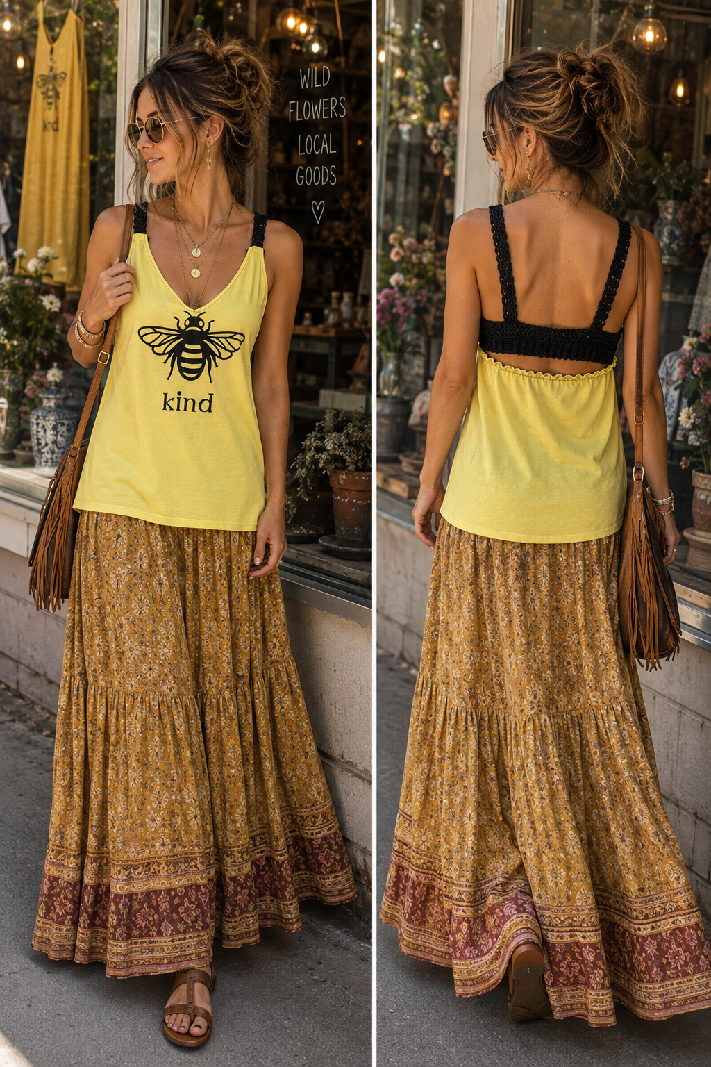 A woman modeling a sleeveless yellow tank top with a black bee graphic and the word 'kind' on the front, paired with a long brown patterned maxi skirt. 