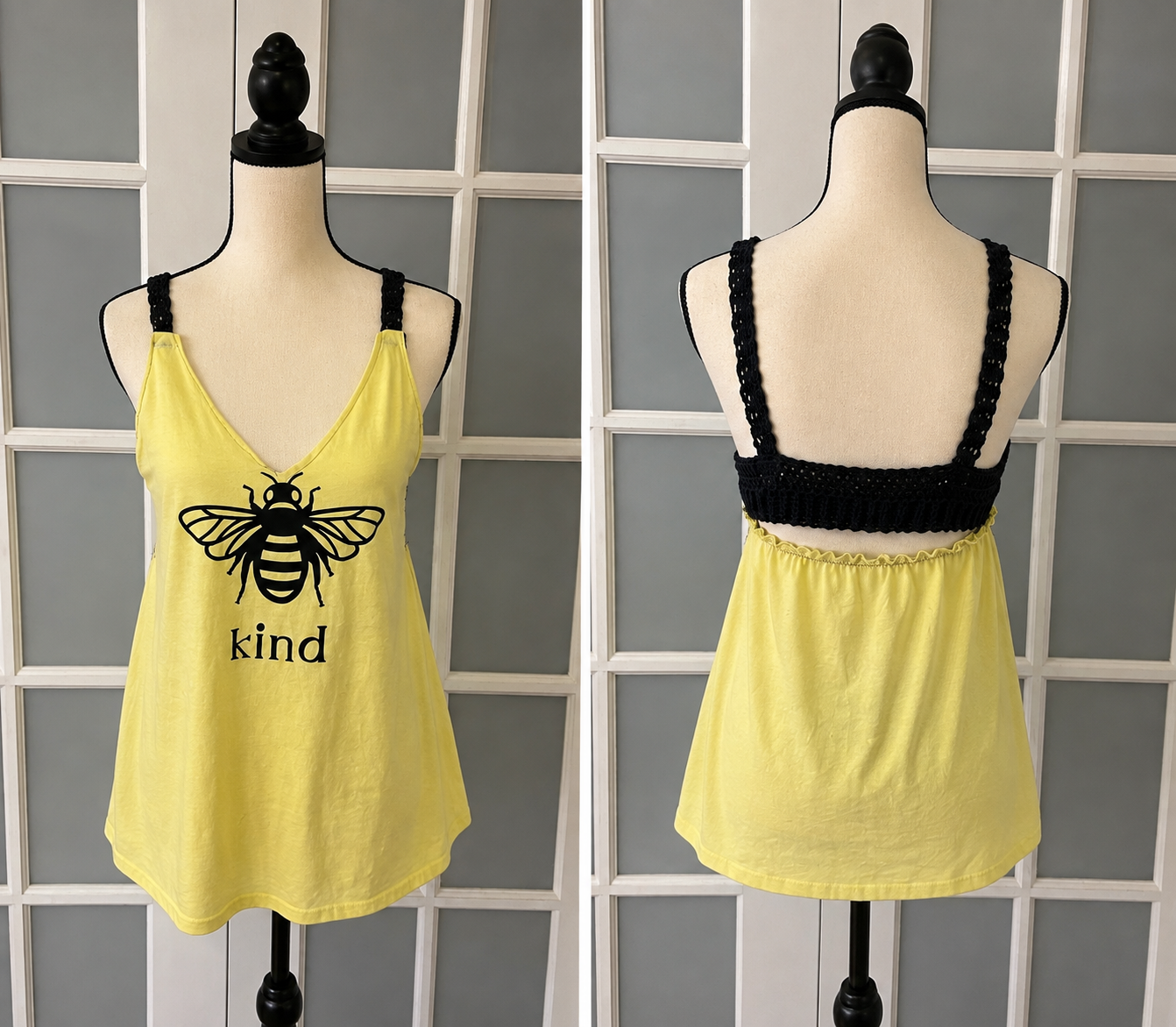 Upcycled Bee Kind Crochet Back Tank Top | Yellow Graphic Tank with Black Crochet Bralette Back