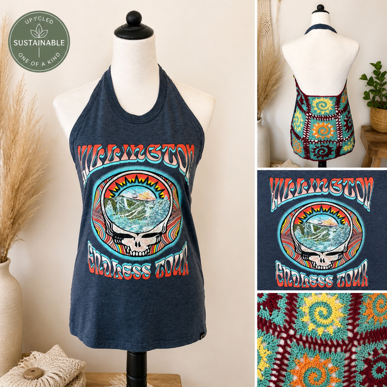 Upcycled Grateful Dead Halter Top | Reworked Crochet Back | One of One Handmade Top | Crochet Halter