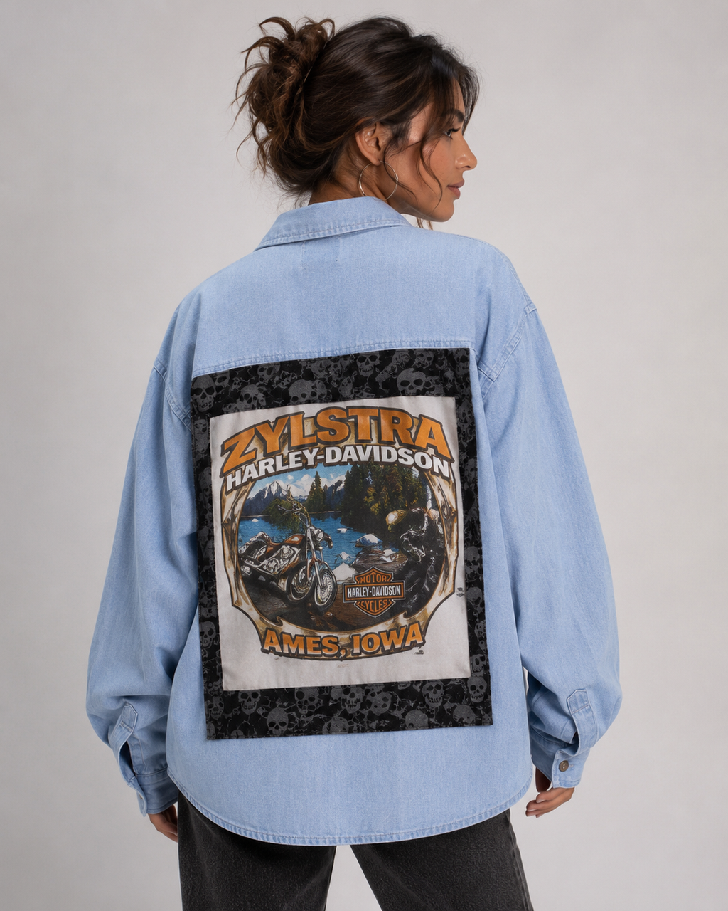 Harley Davidson Graphic embellished with denim skulls on a light blue chambray button down.