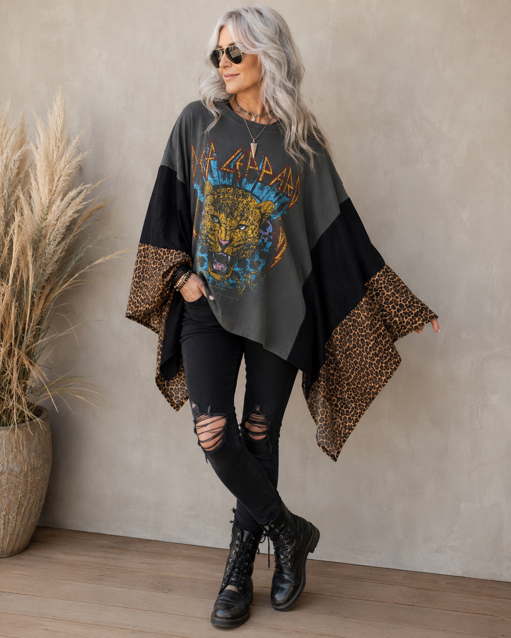 Def Leppard upcycled poncho with leopard print accents by Jorie Kay Design, one-of-a-kind sustainable rock fashion.