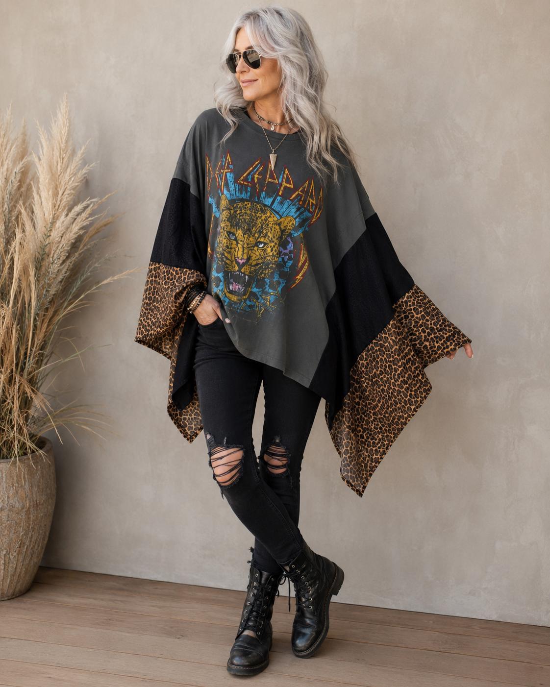 Def Leppard upcycled poncho with leopard print accents by Jorie Kay Design, one-of-a-kind sustainable rock fashion.