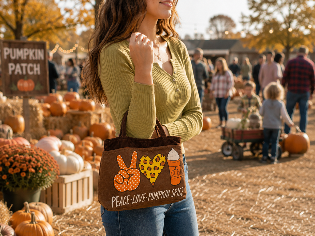 Corduroy Bag with Peace Love Pumpkin Spice graphic is great for coffee runs, market hopping and daytrips.