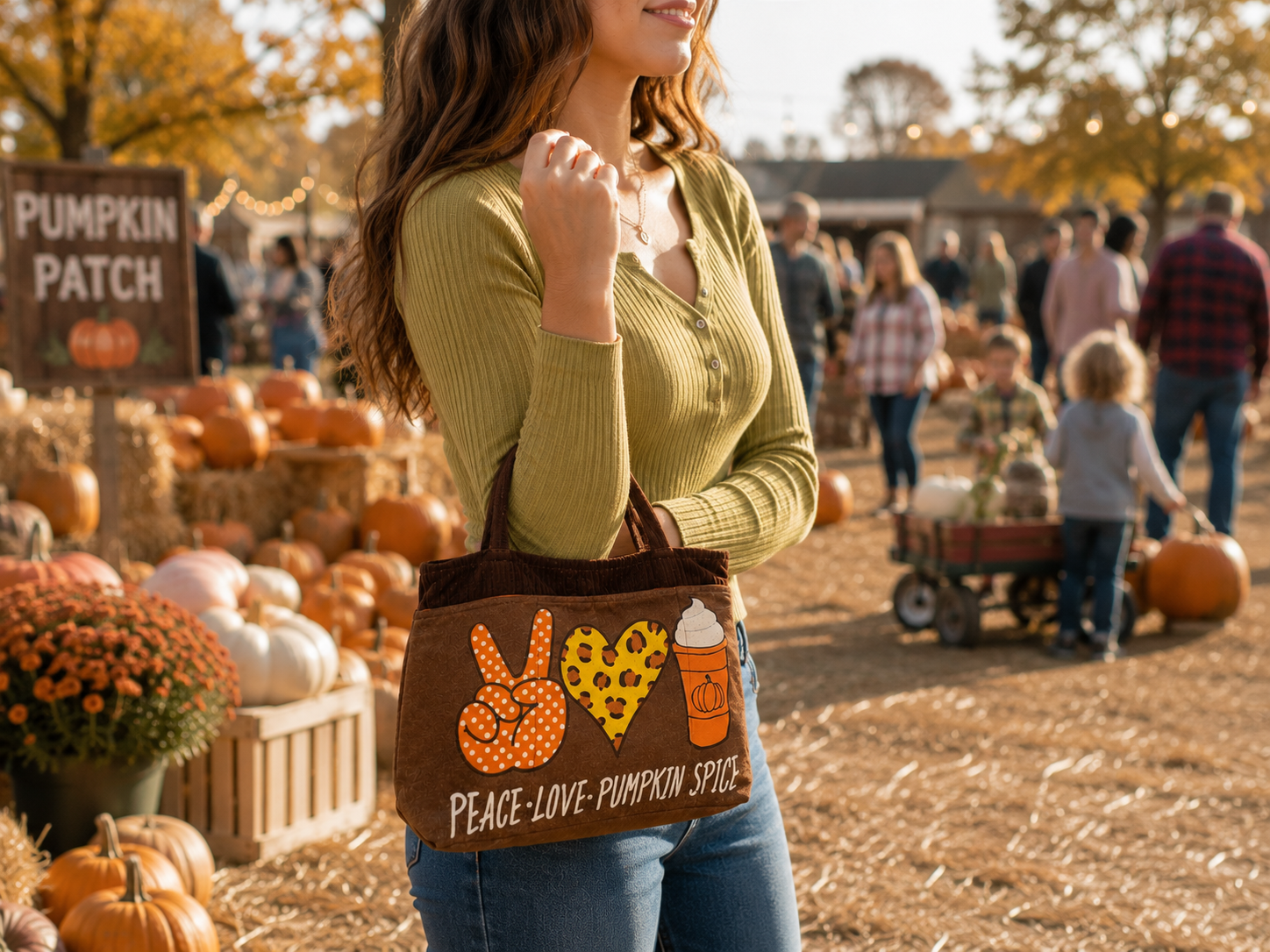 Corduroy Bag with Peace Love Pumpkin Spice graphic is great for coffee runs, market hopping and daytrips.