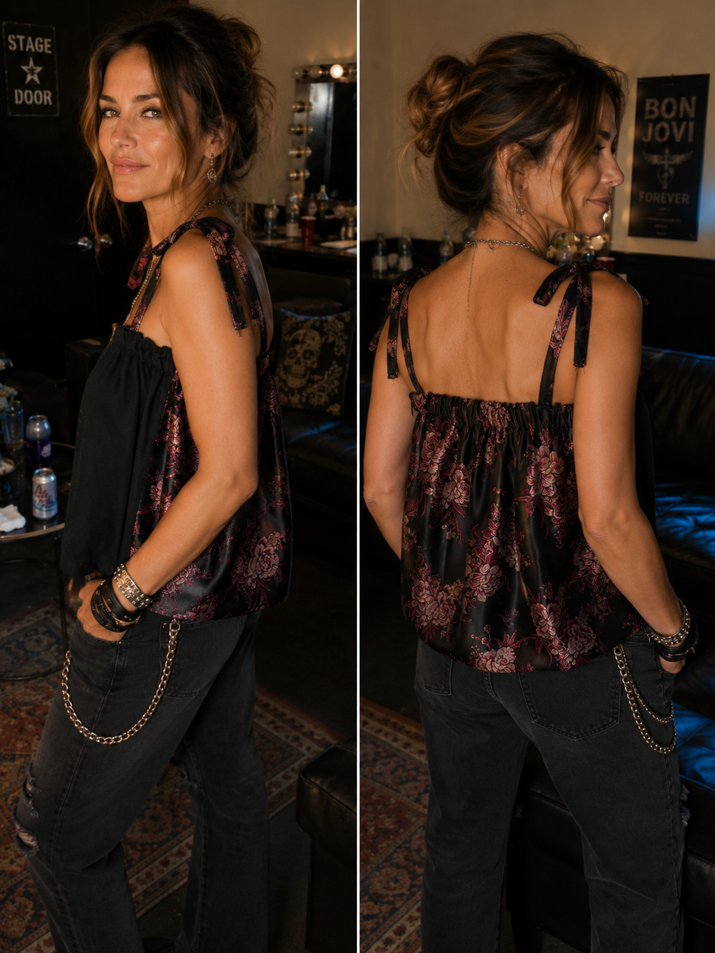 Side and back views of the Bon Jovi concert tank showcasing the reclaimed floral brocade fabric and relaxed fit in a backstage setting.