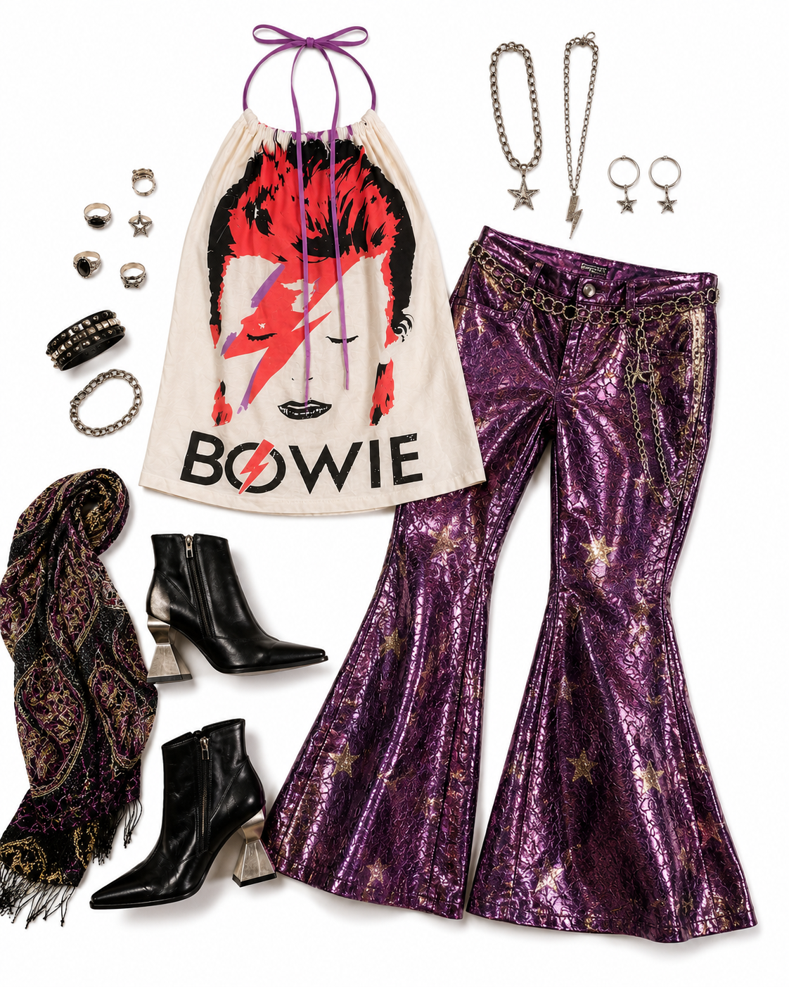 Upcycled Bowie Halter Top: Reworked Graphic Tee, Sustainable Fashion (Size M)