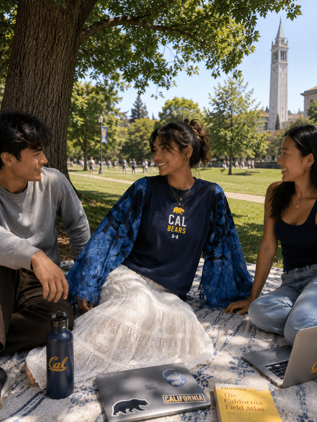 Student wearing Cal Bears tee with flowing batik sleeves.