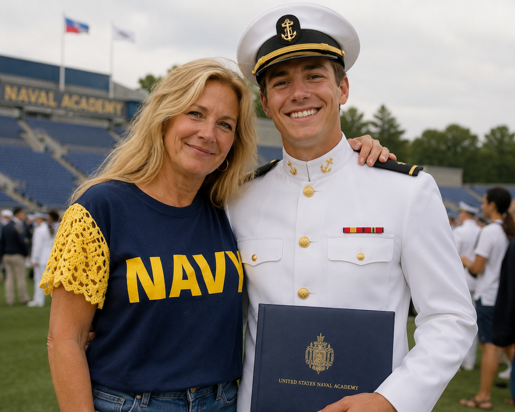 A woman in a navy blue NAVY t-shirt with yellow hand-crocheted cap sleeves stands next to a smiling young man in a white US Naval Academy dress uniform holding a diploma. 