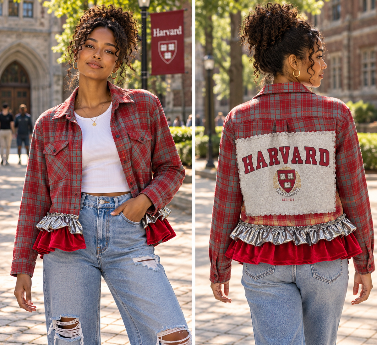 Harvard University Upcycled Red Plaid Flannel Jacket with Metallic & Velvet Ruffles