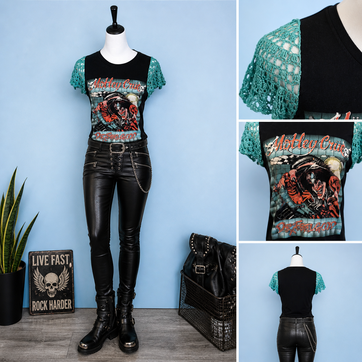 Mötley Crüe Upcycled Band Tee with Crochet Sleeves | Rocker Chic Graphic T-Shirt | Festival Outfit | Sustainable Fashion Top