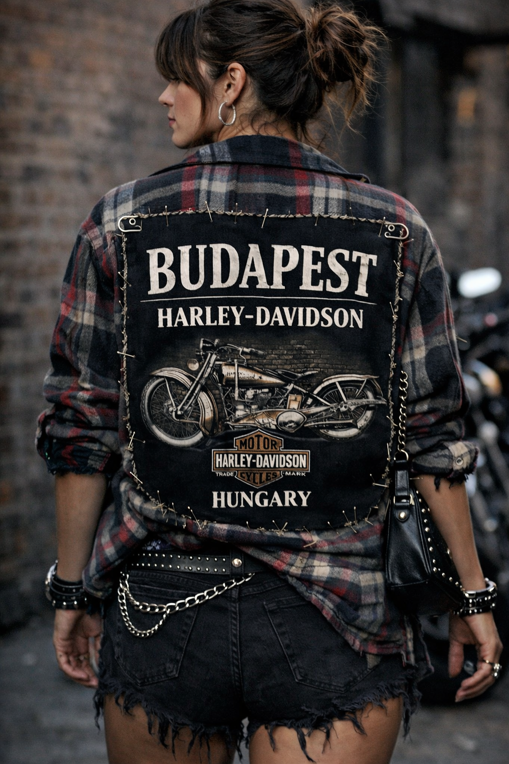 Butter soft flannel with Budapest Harley Davidson Graphic and safety pin embellishment makes this a truly unique find.