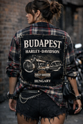 Butter soft flannel with Budapest Harley Davidson Graphic and safety pin embellishment makes this a truly unique find.