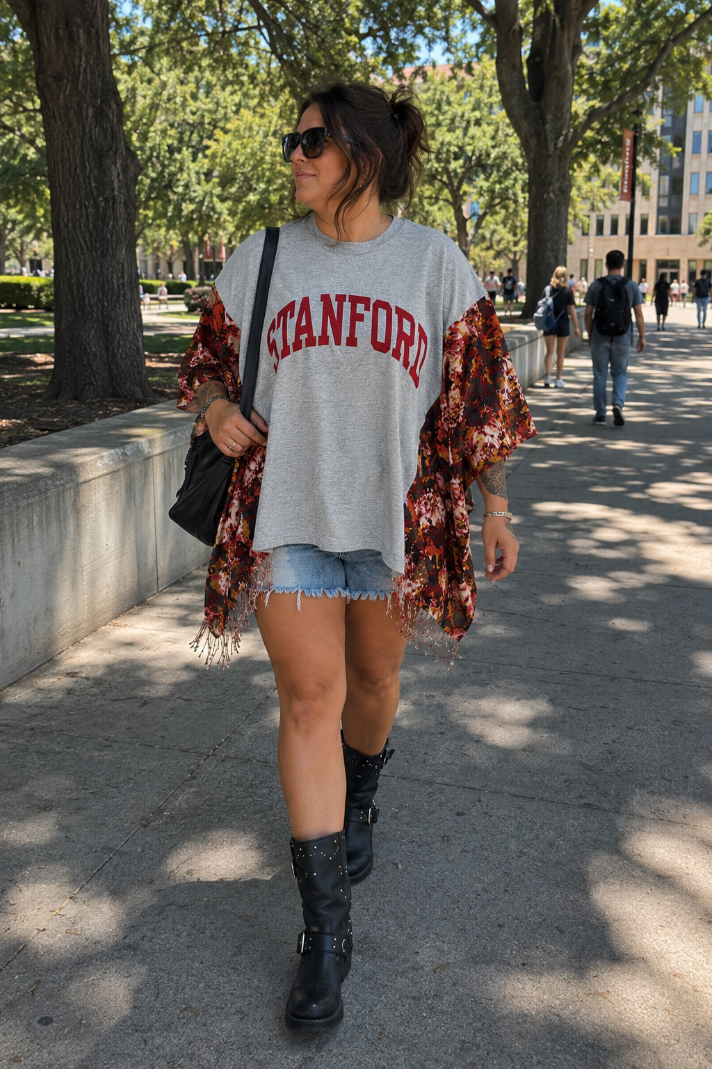Upcycled Stanford Oversized Tee with Floral Fringe Panels