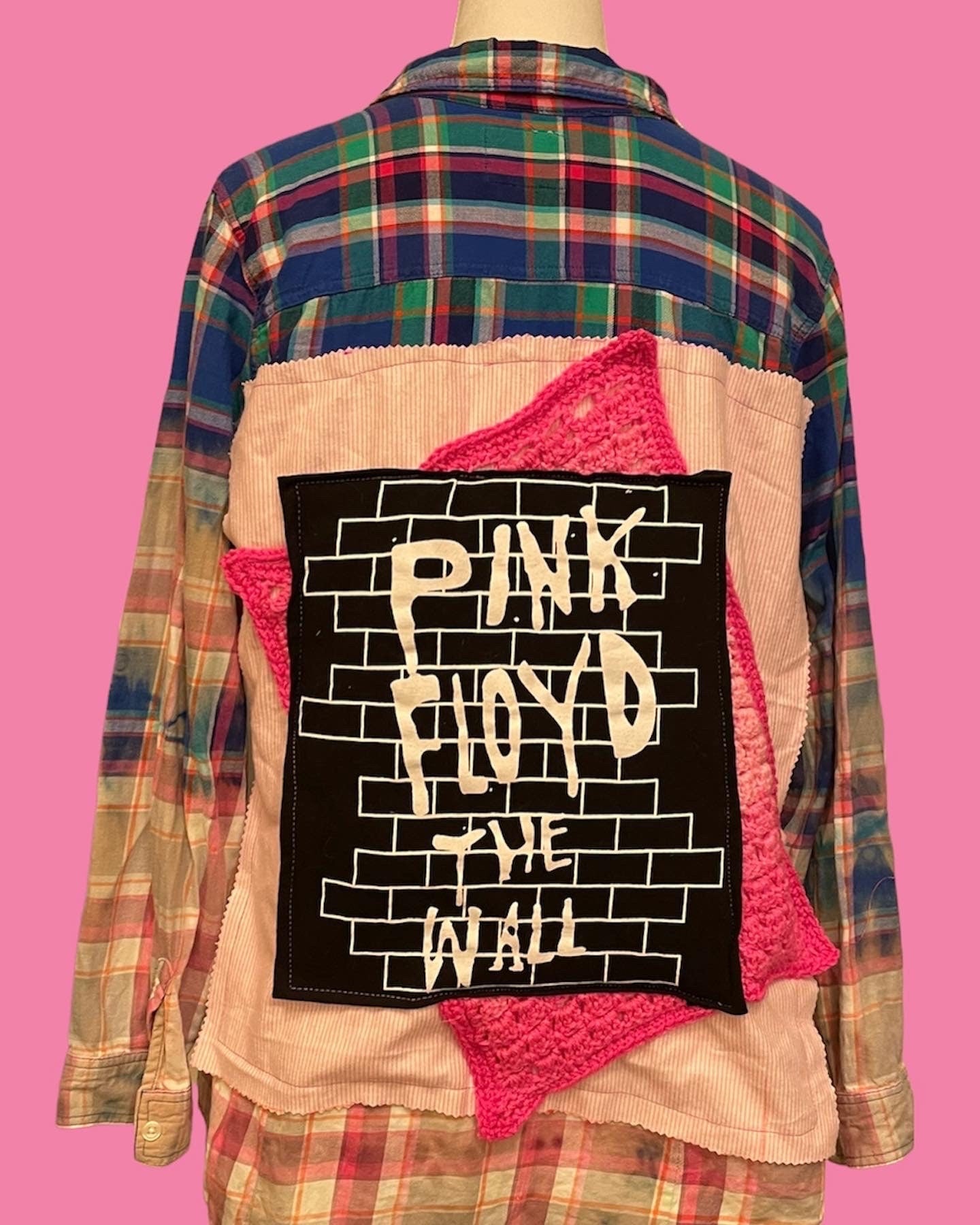 Classic Rock Reworked Flannel • Women’s XL • Upcycled Crochet Brick Graphic • Distressed Multicolor Button-Up •
