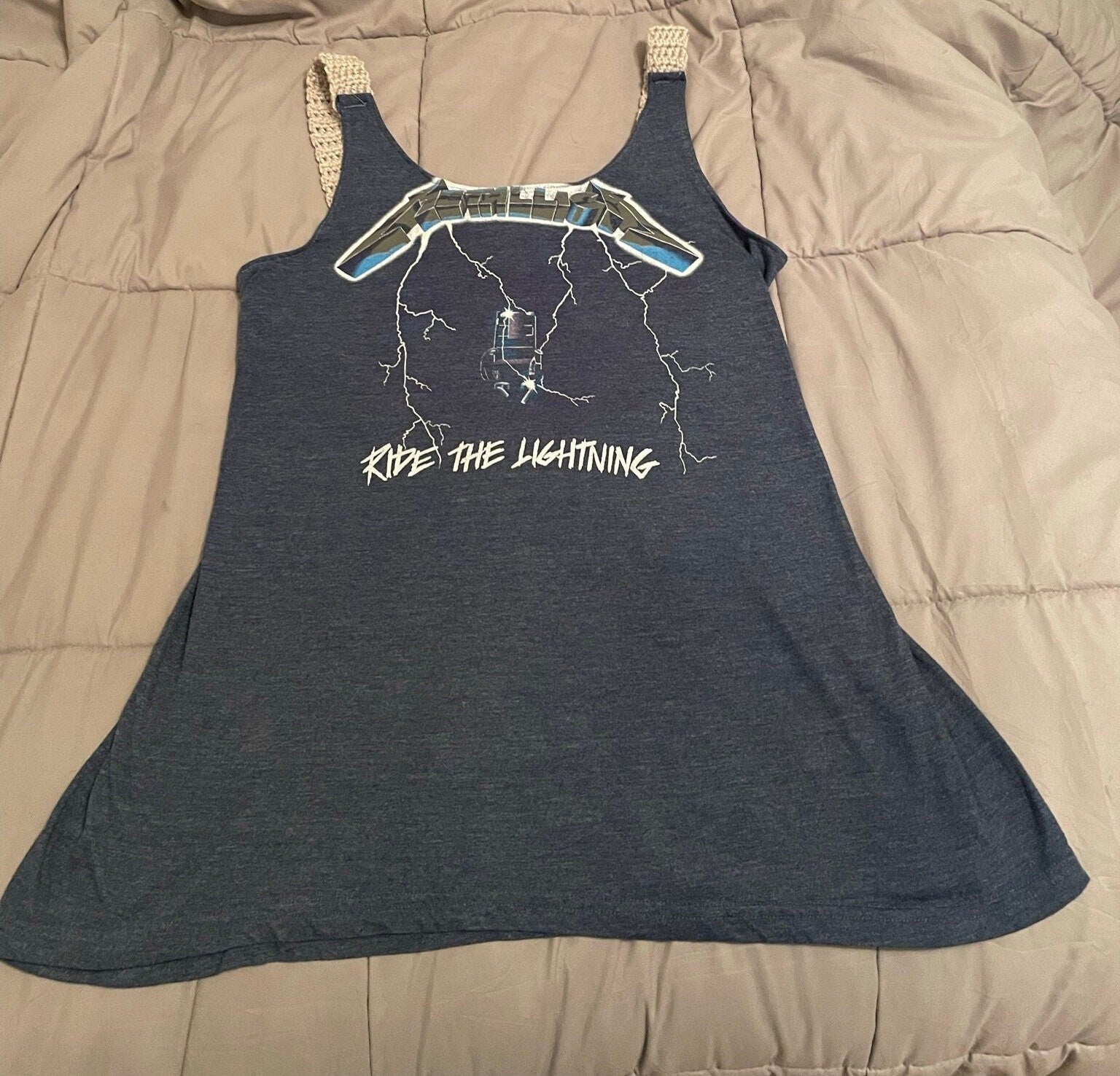 One-of-a-Kind Upcycled Graphic Tee Tank | Hand-Crocheted Straps & Back | Statement Mixed-Media Top (Size L).