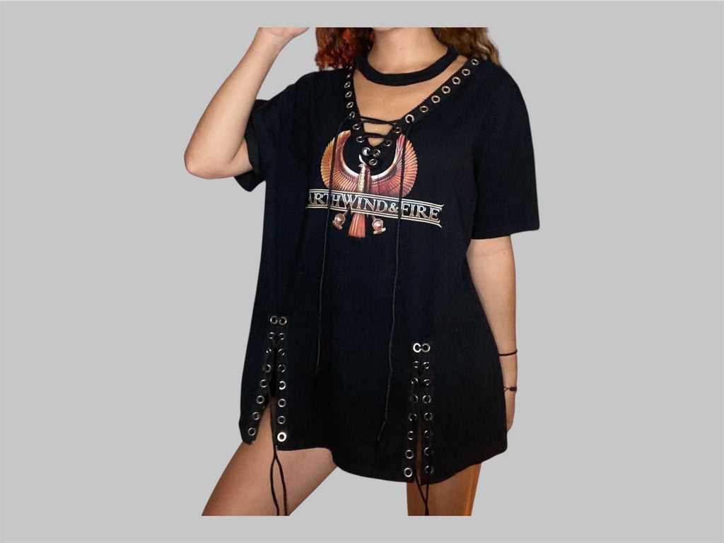 Reworked Earth Wind & Fire Grommet Lace-Up Dress