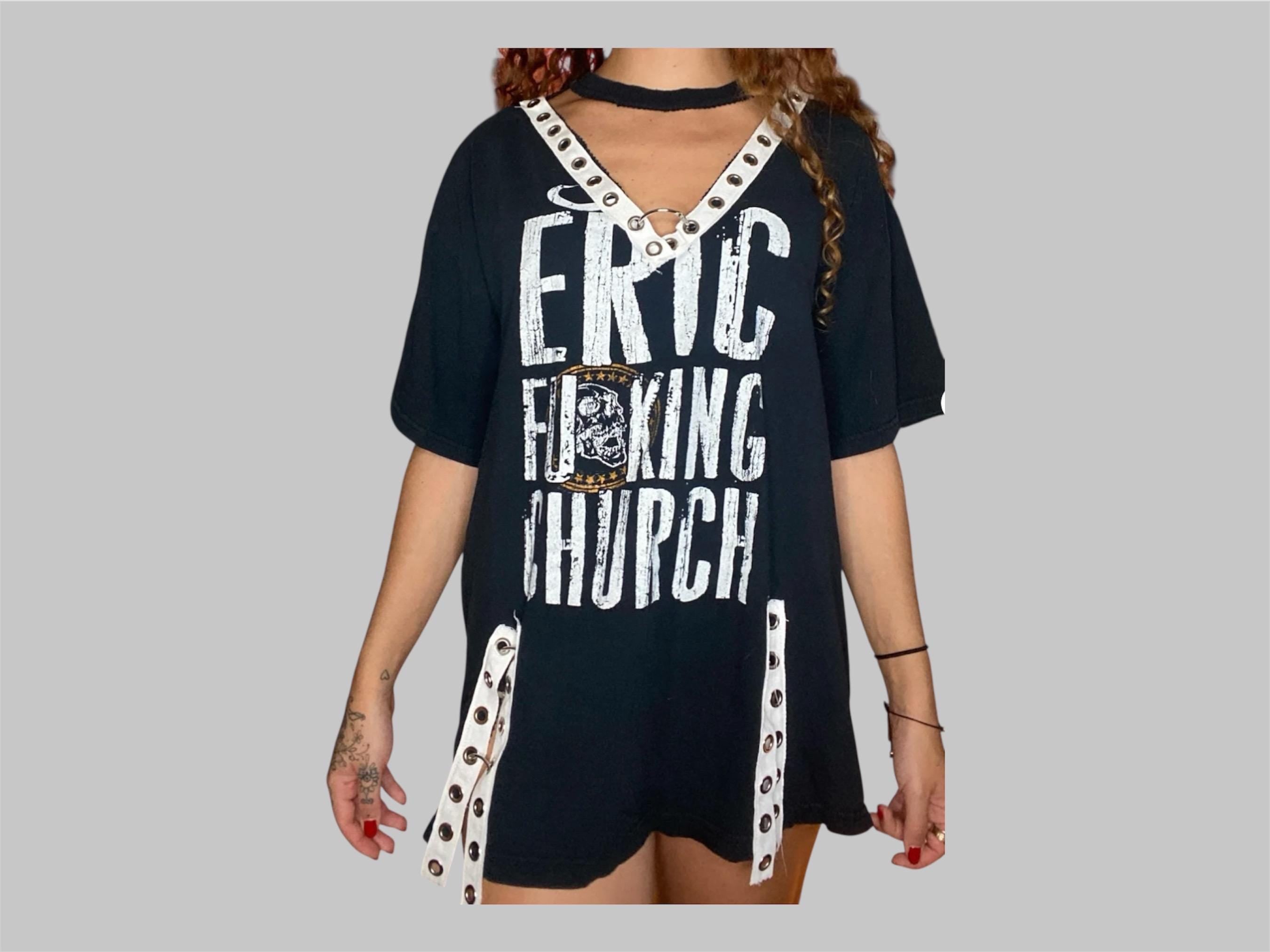 Reworked Eric Church Graphic Tee Dress, Grommet Lace-Up Rocker Style