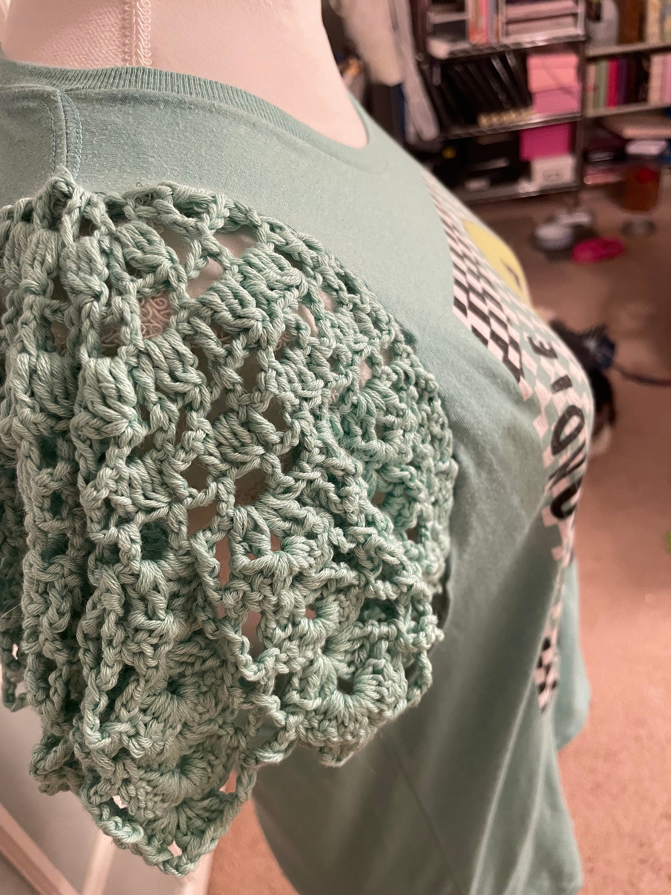 Reworked Graphic Tee with Hand-Crocheted Sleeves (Size: Small)