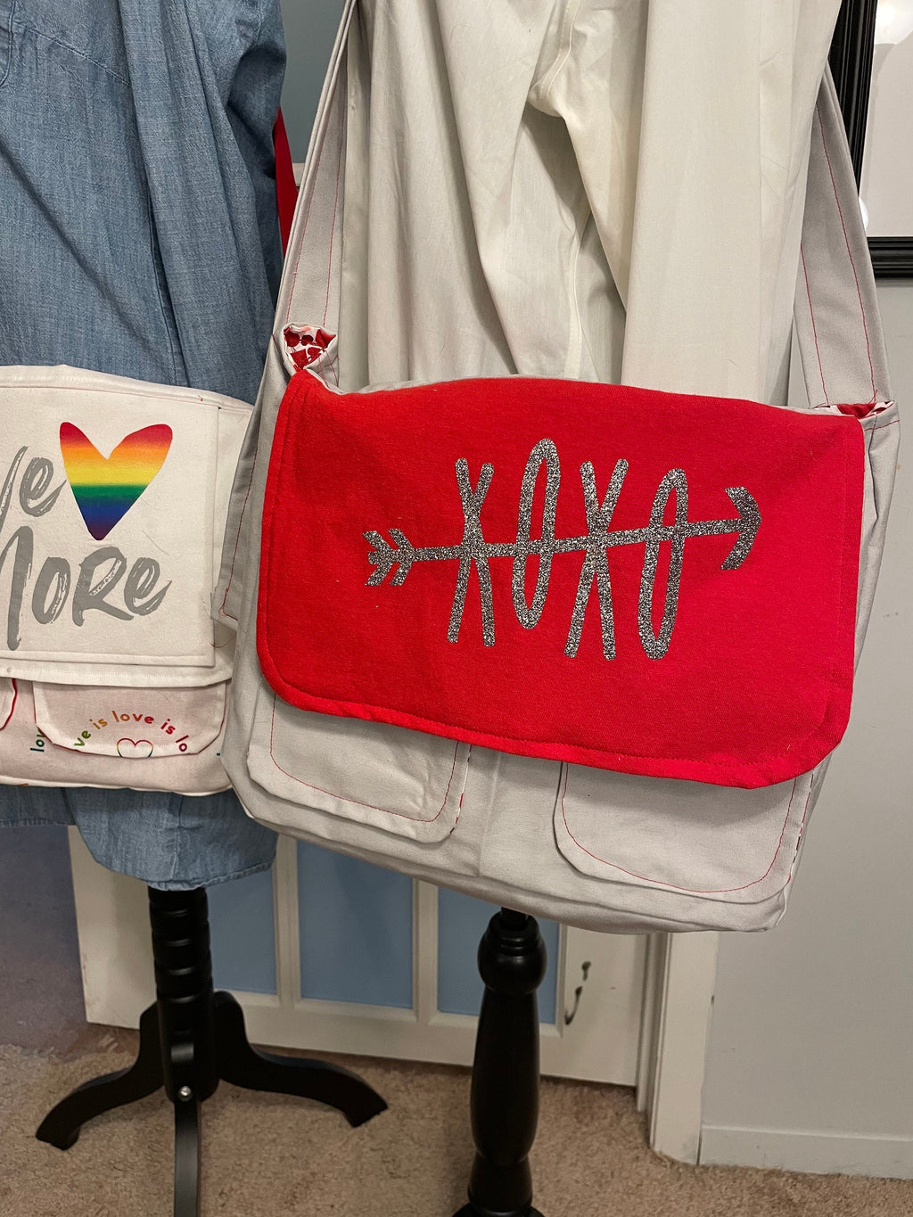 XOXO Upcycled Messenger Bag, Customize, Sustainable Fashion, Reworked, Repurposed (13x11x3)