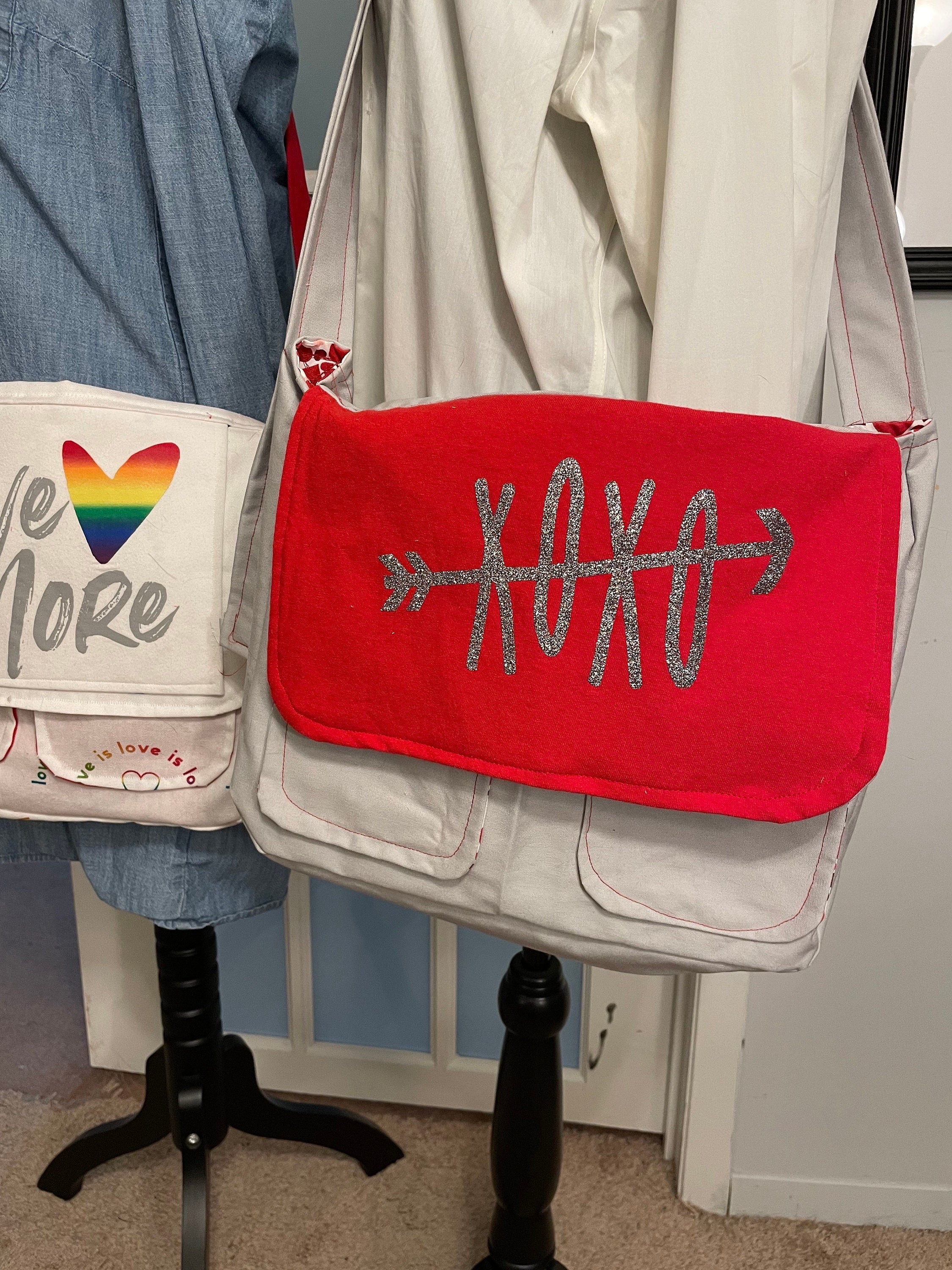 XOXO Upcycled Messenger Bag, Customize, Sustainable Fashion, Reworked, Repurposed (13x11x3)