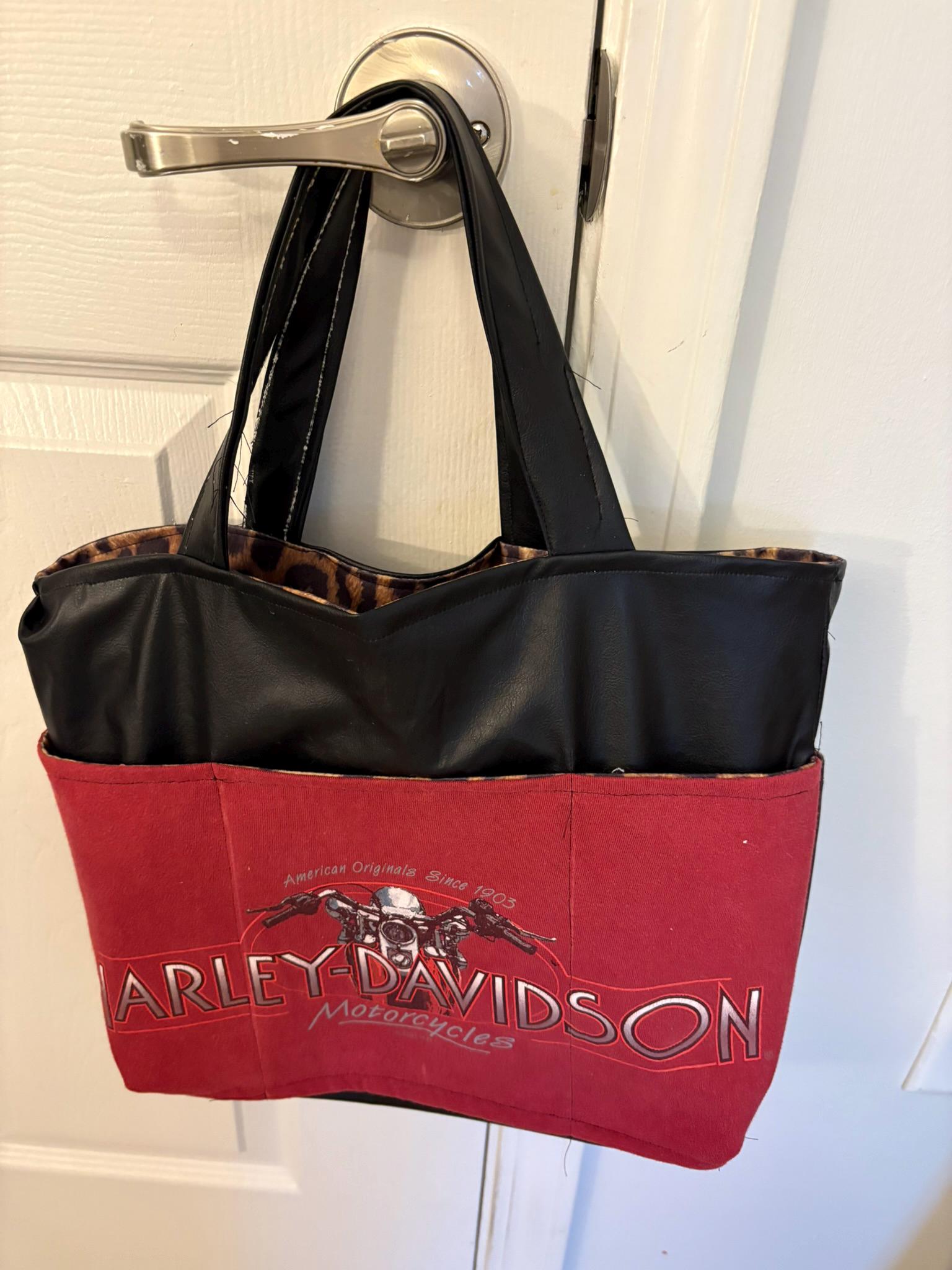 Upcycled Harley Davidson Tote Bag І  One of a Kind Reworked graphic Tee Bag  І  Sustainable Vegan Leather Tote І Jorie Kay Design