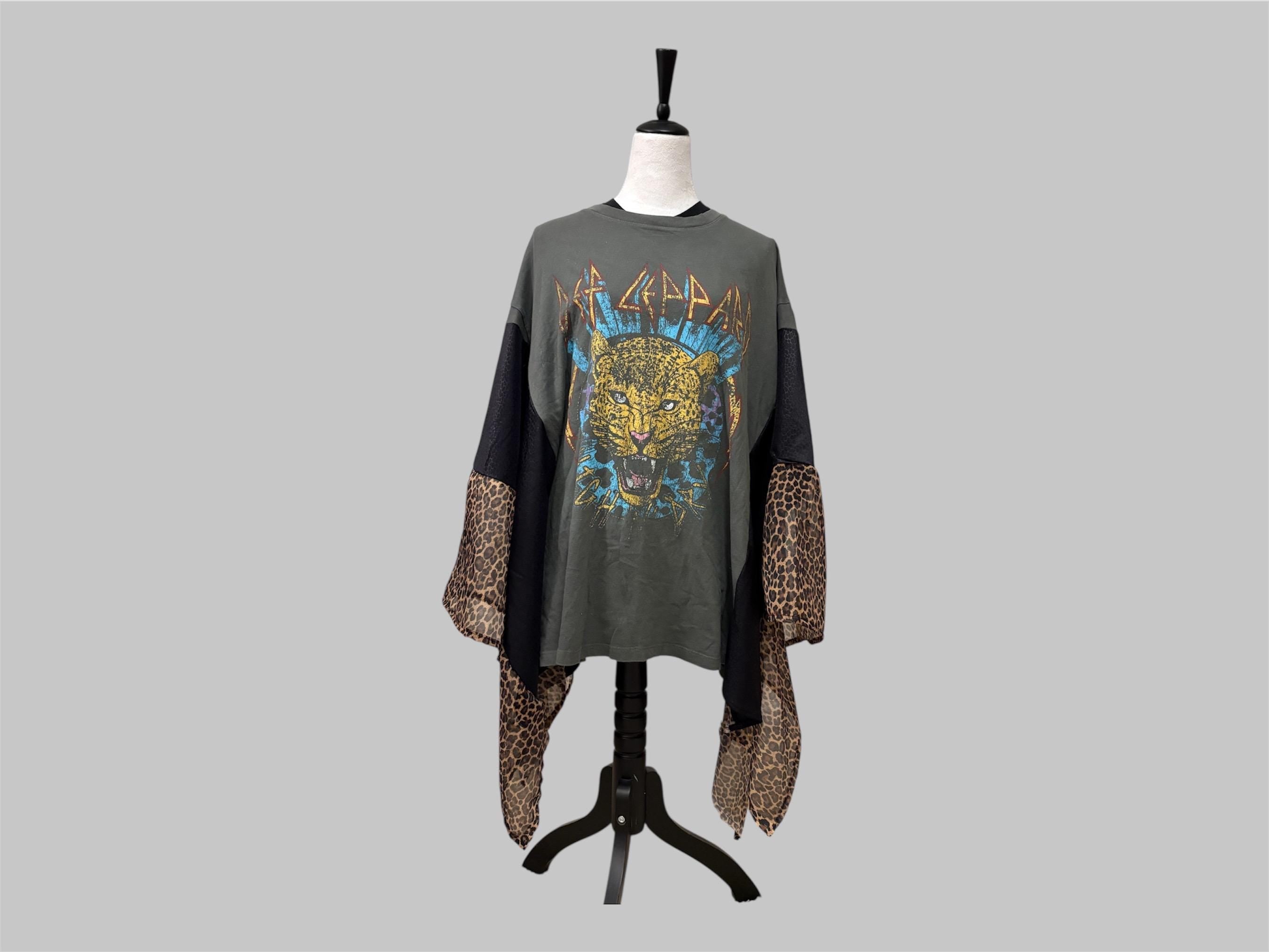 Vintage Def Leppard Upcycled Poncho, animal print accents (One Size Fits Most)