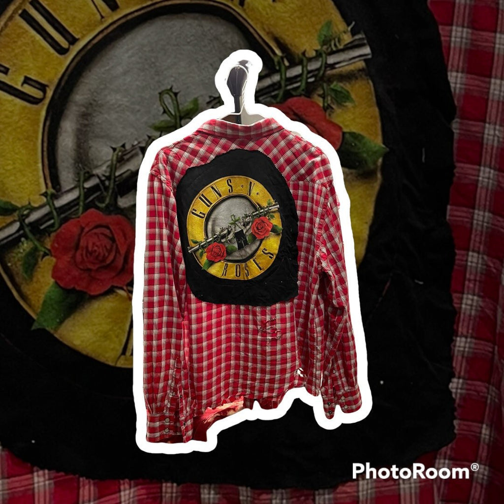 One-of-a-Kind Distressed Flannel Shirt | Upcycled Graphic XL | Rocker Style Layering