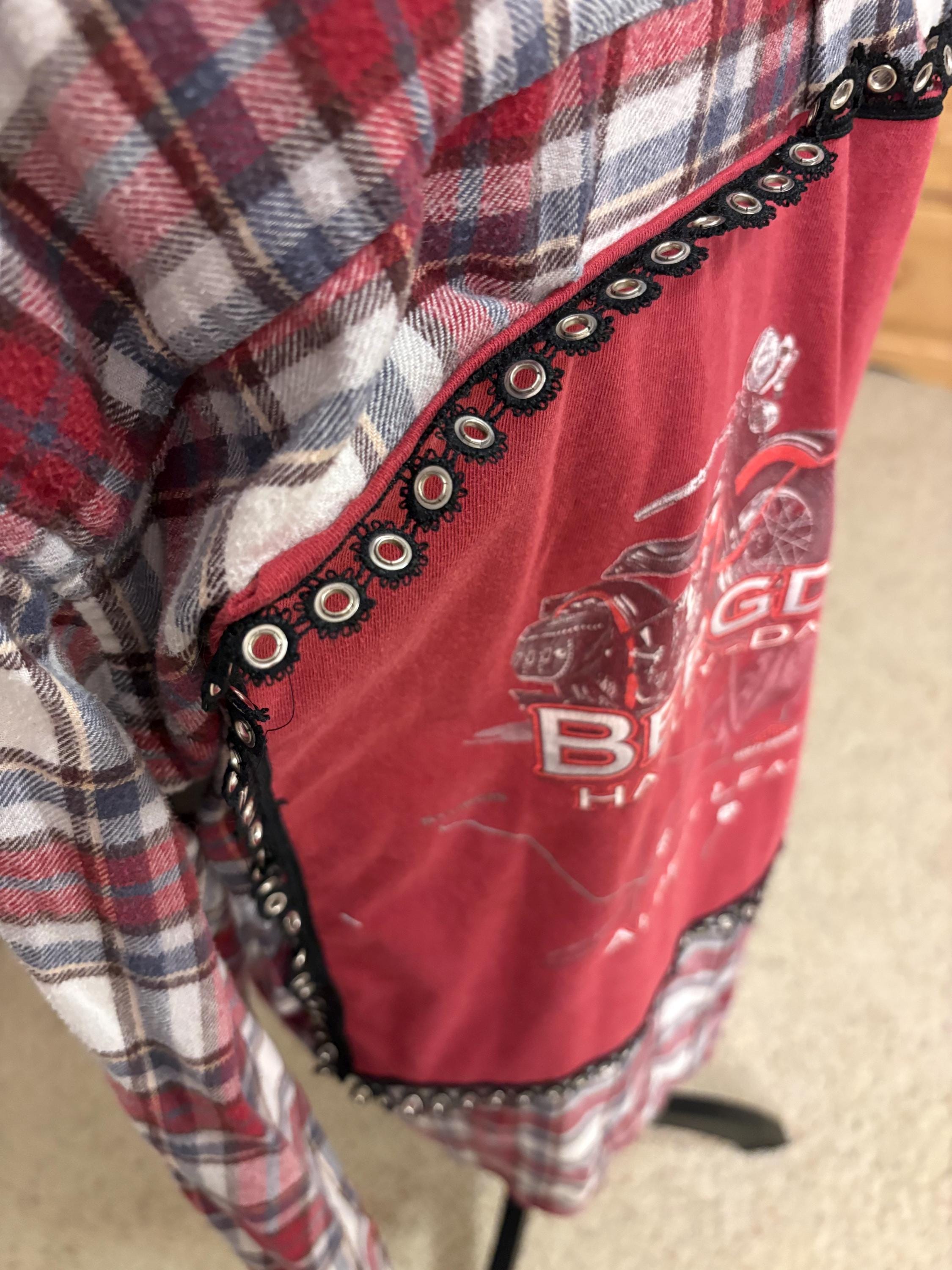 Upcycled Harley Davidson Flannel І  Reworked Graphic Tee with Grommet Fringe І One of a kind Flannel Grunge Shirt