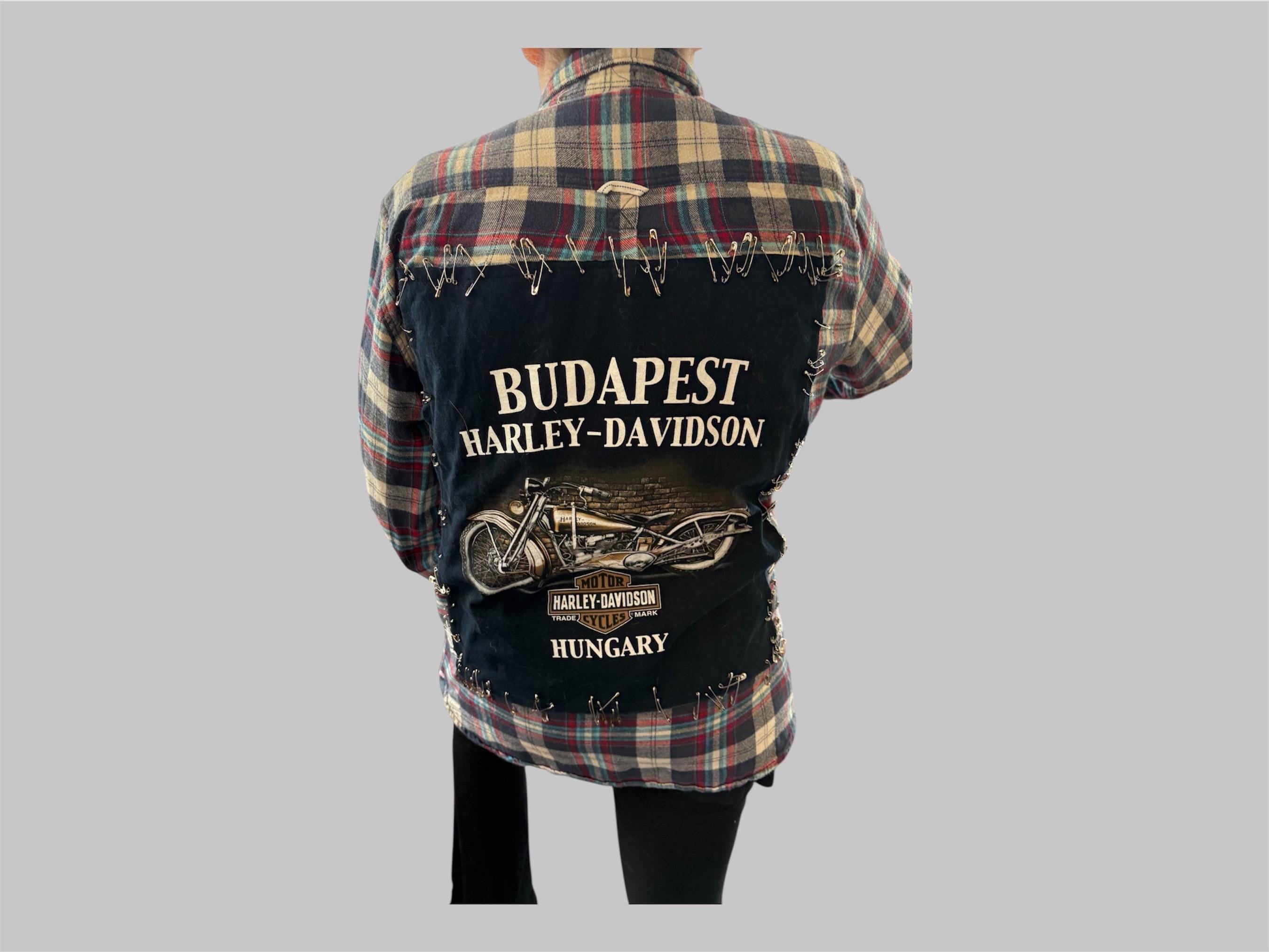 Upcycled Harley Davidson Flannel І  Reworked Graphic Tee with metal embellishment І One of a kind Flannel Grunge Shirt
