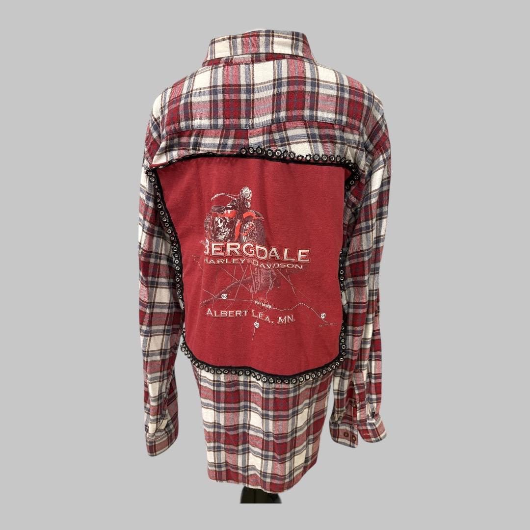 Upcycled Harley Davidson Flannel І  Reworked Graphic Tee with Grommet Fringe І One of a kind Flannel Grunge Shirt