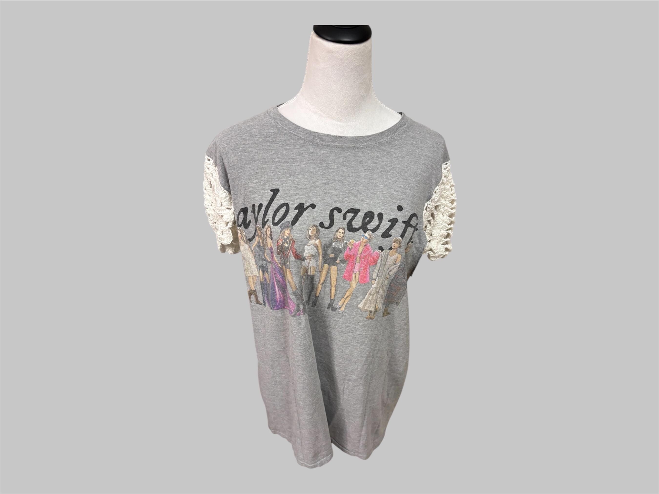 Reworked Graphic Tee with Hand-Crocheted Sleeves (Size: L)