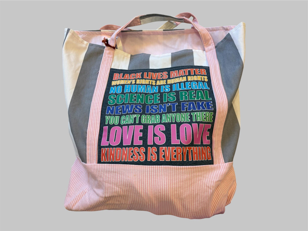 Large Statement Tote | Upcycled Inclusivity Graphic Tee | Reclaimed Fabric Travel & Market Tote | One-of-One Bag