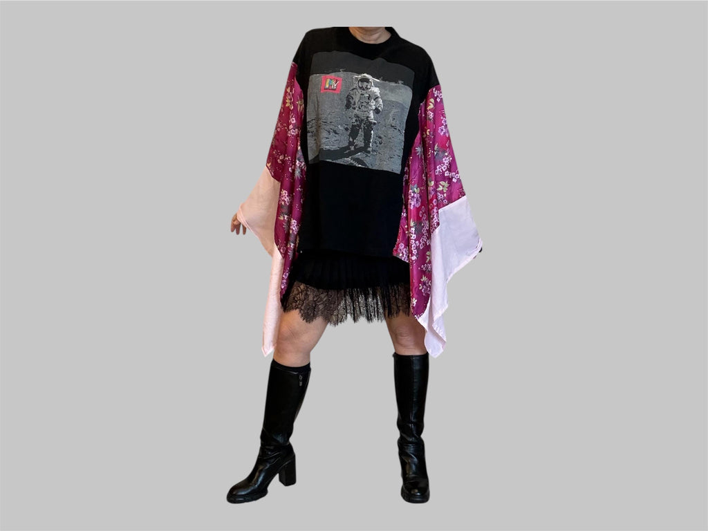 Upcycled MTV Tee Poncho – Reclaimed Floral Statement Layer