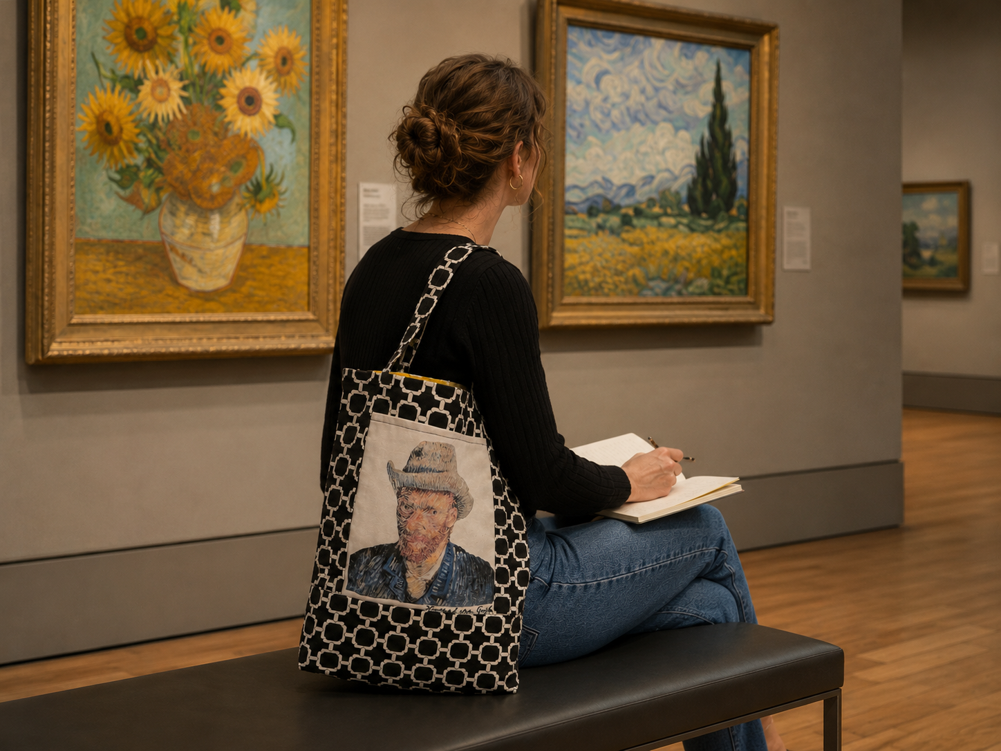 Van Gogh shoulder bag is perfect for trips to the museum, farmer's market, library, school and more with two large exterior pockets.
